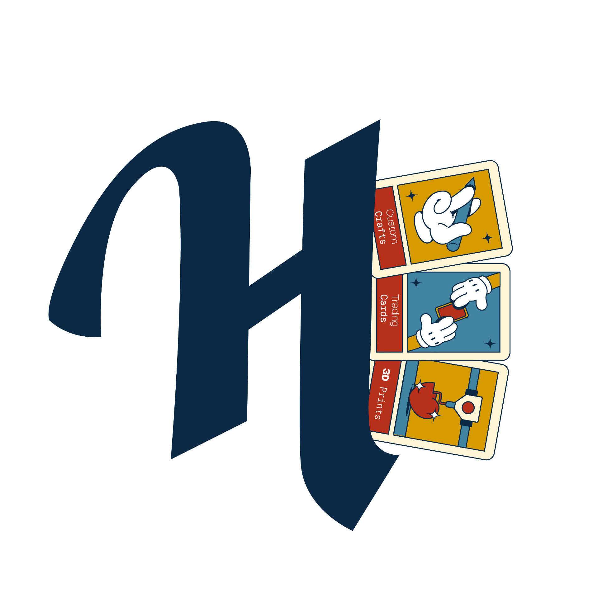Hole Heart's Hobby Shop logo, a navy H holding custom crafts, trading cards, and 3D prints cards